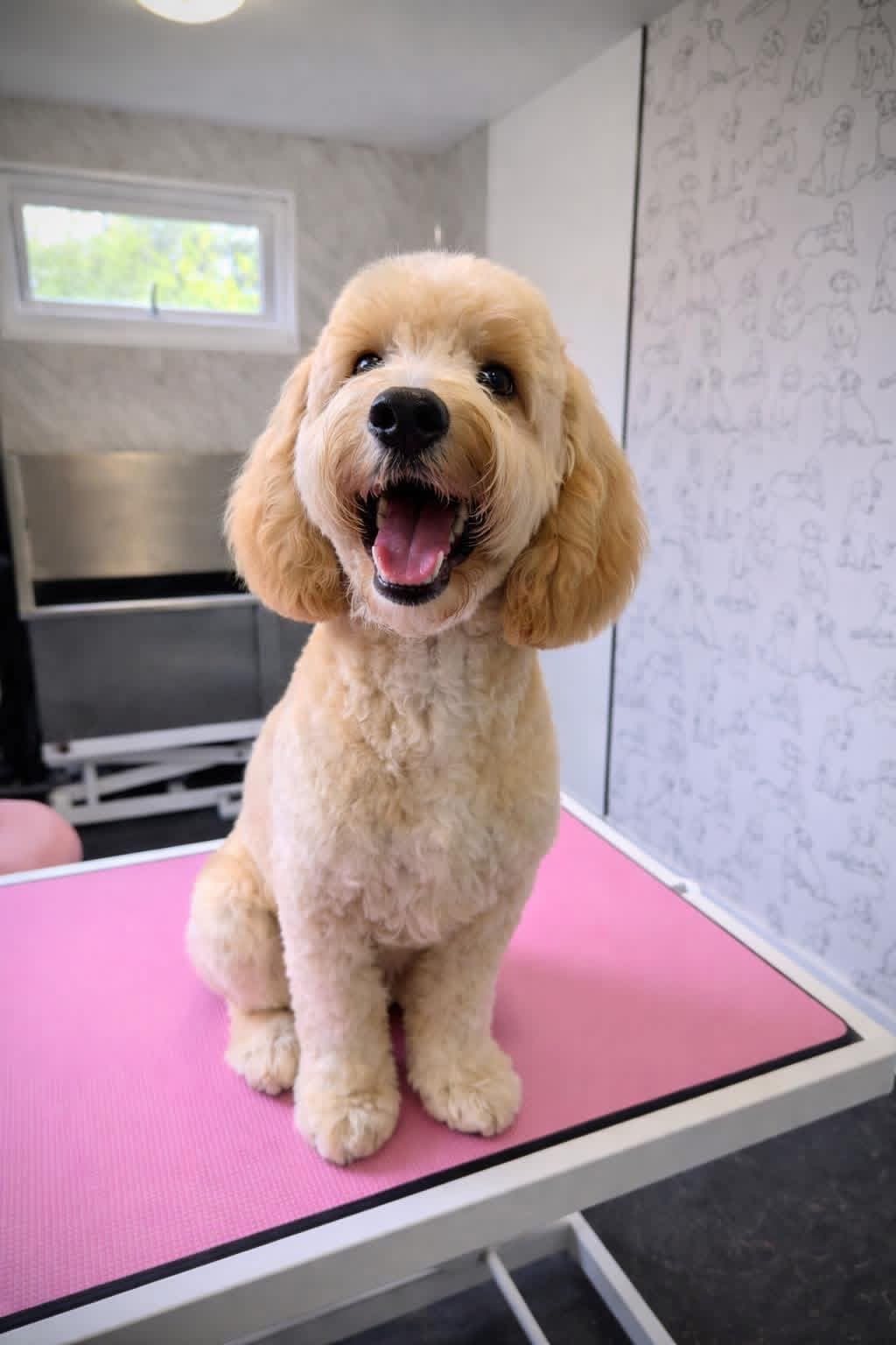 Cream Cockapoo on the pink grooming table at The Dog Pod